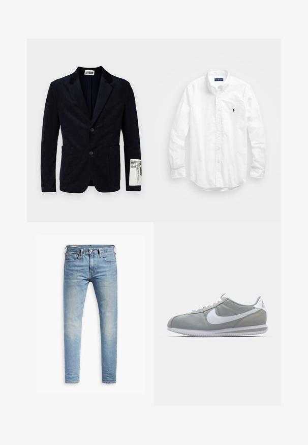 Mornarsko modra korduroj jakna z dvema gumboma spredaj, z nazobčanimi reverji, dvema sprednjima žepoma in označevalno nalepko na rokavu. Teksturirana tkanina.; Bela dolg rokav srajca s gumbi iz bombaža. Ima klasičen ovratnik, gumbnice na zapestjih in majhen temno moder vezen logotip na prsih.; Svetlo modri oprijeti džins s blagim bledenjem na stegnenicah, sprednji gumbasti zapenjač, zanke za pas in pet žepov na belem ozadju.; Sive tenisice za šport z zgornjim delom iz semiša in tekstila, belim Nike swooshom in belimi vezalkami. Imajo strukturirano gumijasto podplat in oblazinjen ovratnik.