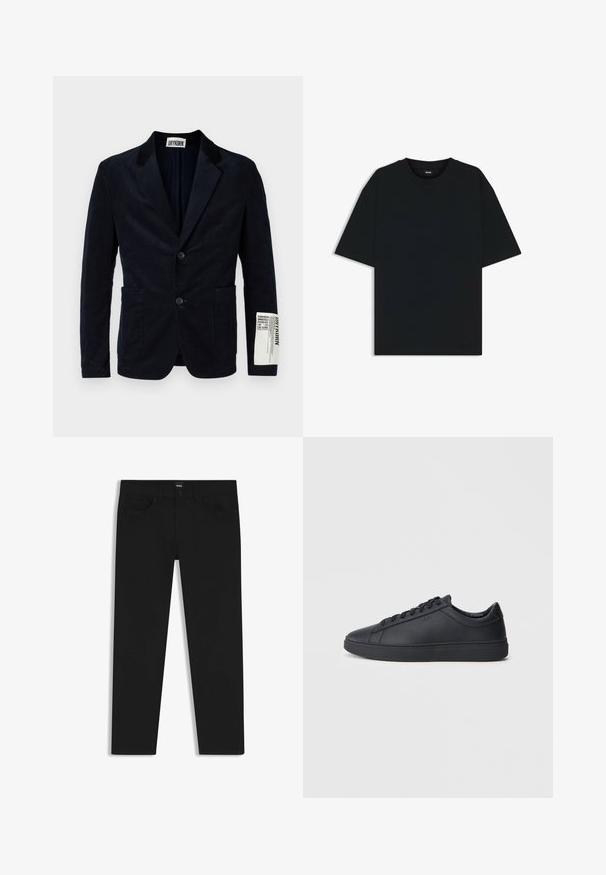 Blazer di velluto a coste blu navy con chiusura a due bottoni, rever a laccio, due tasche frontali e etichetta con marchio sulla manica. Tessuto texturizzato.; Maglietta in cotone nera con scollatura rotonda e maniche corte. Presenta una vestibilità ampia e un design semplice senza motivi o dettagli.; Pantaloni in denim nero con taglio dritto, dotati di vita standard, cinque tasche e chiusura con bottone. Texture liscia su tutta la superficie.; Sneakers neri realizzati in pelle liscia, con design a bassa cima, punta rotonda e suola piatta in gomma. Presentano lacci e un branding discreto.