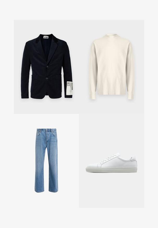 Navy corduroy blazer with a two-button front, notch lapels, two front pockets, and a branded label on the sleeve. Textured fabric.; Long-sleeve, mock-neck shirt in light cream cotton. Smooth texture, relaxed fit, minimalist design, no visible patterns or accents.; Light blue denim jeans with a straight-leg design, five pockets, button closure, minimal fading, and contrasting stitching details.; White sneaker with a smooth leather upper and a low profile. Features a rounded toe, six eyelets, and a textured rubber sole.