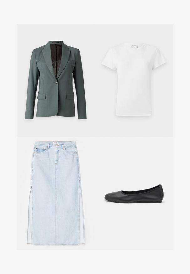 Tume roheline bleiser, millel on struktureeritud disain, nurkadega krae, ühekohaline nööp ja kaks esist pocketit. Siseosa on vooderdatud sileda musta voodriga.; Valge puuvillane T-särk ümmarguse kaelusega ja lühikeste varrukatega, lõdva lõike ja minimalistliku disainiga. Silt on nähtav kaeluses.; Heledsinine denim maxi seelik sirge lõikega, millel on külgmised lõhed ja viie taskuga disain. Silmapaistev õmblus ja metallist nööp sulgemiseks.; Musthave mustika tantsutossud mustast nahast, ümmarguse varbaga, siledast tekstuurist, minimaalse õmblusdetailiga ja paindliku tallakujundusega.