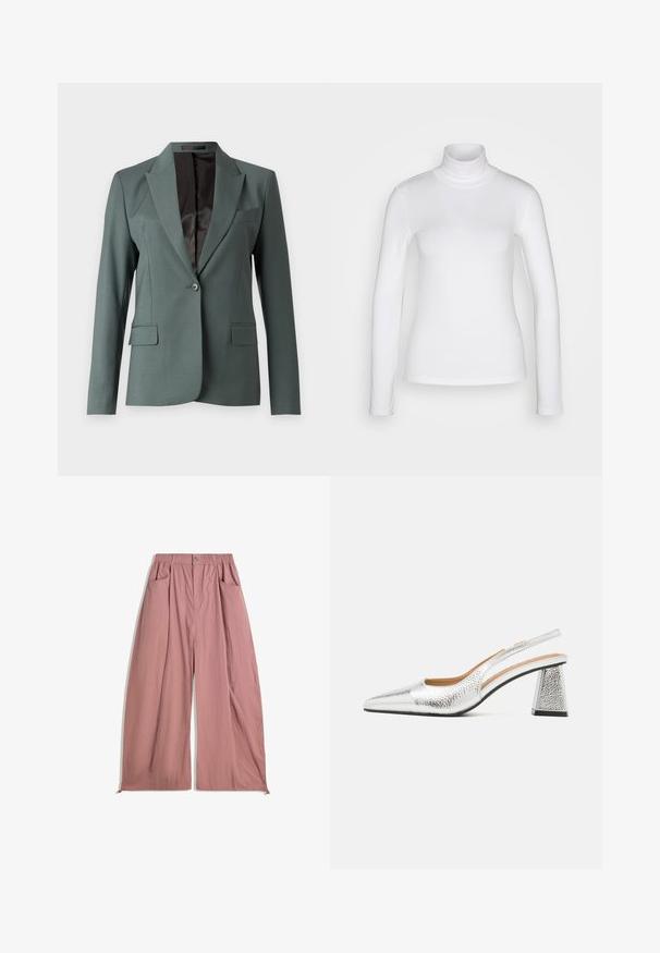 Tmavě zelený blazer se strukturovaným designem, klopovými límci, jedním knoflíkem a dvěma předními kapsami. Uvnitř je elegance černé podšívky.; Bílý dlouhý rukáv rolák vyrobený z hladkého, pružného materiálu. Má těsný střih a vysoký límec. Žádné viditelné vzory ani akcenty.; Volné kalhoty s vysokým pasem vyrobené z jemného růžového materiálu. Obsahují elastický pas, dvě boční kapsy a hladký, texturovaný povrch.; Stříbrné slingback lodičky s špičatou špičkou, texturovaným kovovým povrchem a trojúhelníkovým blokovým podpatkem. Interiér obsahuje hnědé kožené detaily.
