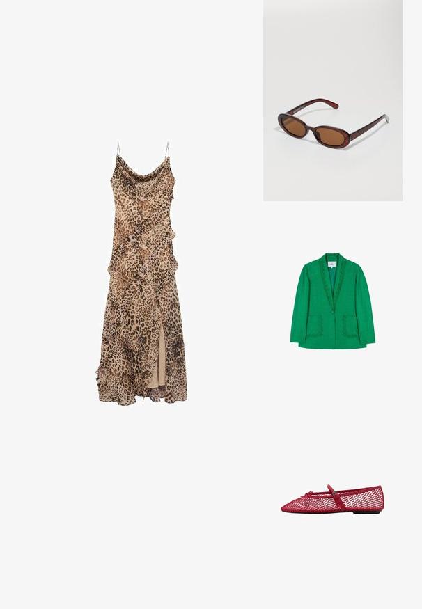 Blazer verde cu guler crestat, două buzunare frontale și închidere cu un singur nasture. Fabricat dintr-un material texturat, cu o croială ajustată.; Rochie cu imprimeu leopard, având un design drapat, cu volane pe margini și o fanta până la coapsă. Fabricată dintr-un material ușor, cu bretele subțiri.; Balerini roșii din plasă cu vârful ascuțit, prezentând o curea subțire și un detaliu cu cataramă. Partea superioară are un model deschis, în formă de fagure.; Ochelari de soare rotunzi, cu nuanțe de brown și cu un cadru lucios de burgund. Brațe subțiri cu detalii subtile de branding. Design cu lentile plate.