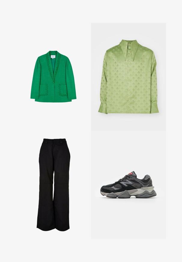 Zelený blazer s jemně scalloped výstřihem, dvěma předními kapsami a jediným knoflíkovým zapínáním. Vyrobeno z texturované tkaniny, s přizpůsobeným střihem.; Sister Jane UNISEX - Košilová halenka - green; Černé kalhoty s širokými nohavicemi, které mají hladký povrch, dvě přední kapsy a bezešvý pás pro snadné nošení.; Černé a šedé sneakersy se směsí semišových a síťovaných materiálů, silnou podrážkou, výrazným logem a červeným akcentem na jazyku.