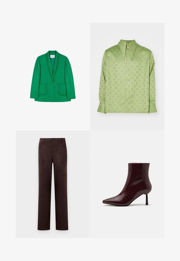 Zielony żakiet z falbaniastym dekoltem, dwiema przednimi kieszeniami i pojedynczym zapięciem na guzik. Wykonany z teksturowanej tkaniny, dopasowany krój.; Sister Jane UNISEX zielony; Proste nogawki, ciemno-brązowe spodnie z zamszu z zapięciem na guzik i zamek błyskawiczny, szlufkami na pasek oraz kieszeniami bocznymi.; Burgundowe lakierowane botki za kostkę z ostrym noskiem i smukłym obcasem w szpilkę, charakteryzujące się gładką, błyszczącą teksturą i minimalistycznym designem.