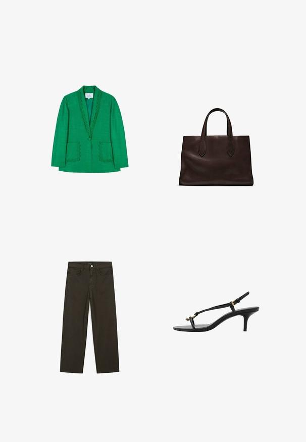 Green blazer featuring a scalloped neckline, two front pockets, and a single button closure. Made from textured fabric, tailored fit.; Dark brown button-up shirt made of smooth fabric with a pointed collar, long sleeves, and a rounded hem. Features a subtle sheen.; Dark green wide-leg jeans made of cotton blend, featuring a front button closure, five pockets, and classic denim stitching.; Black leather kitten heel sandal with thin straps, gold buckle, and minimalist toe loop on a white background.; Brown leather tote bag with two elongated handles, structured rectangular shape, smooth texture, and subtle stitching details.