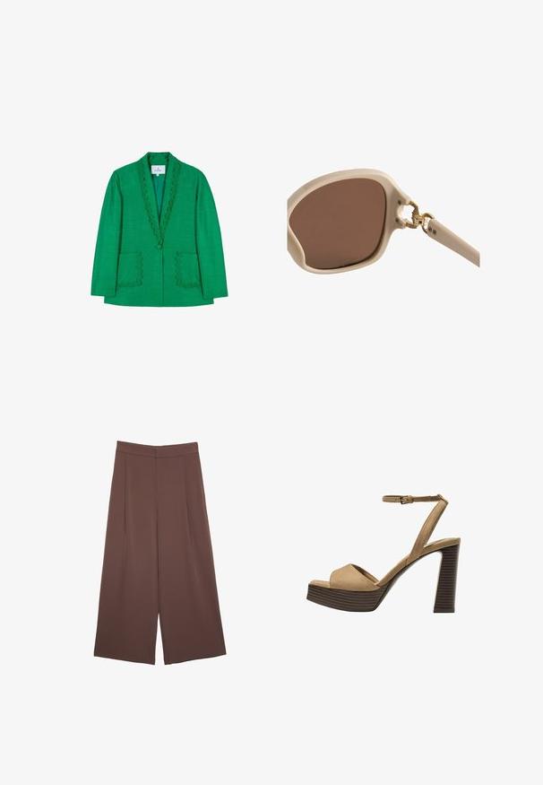 Zielony żakiet z falbaniastym dekoltem, dwiema przednimi kieszeniami i pojedynczym zapięciem na guzik. Wykonany z teksturowanej tkaniny, dopasowany krój.; Brązowa koszulka z krótkim rękawem, wykonana z miękkiego materiału, z okrągłym dekoltem i luźnym krojem. Brak widocznych wzorów lub akcentów.; Brązowe spodnie o szerokich nogawkach z gładką fakturą, z wysokim stanem i plisami z przodu. Materiał jest lekki i luźno opada.; Beżowe zamszowe sandały na wysokim obcasie z szerokim paskiem z przodu i paskiem za kostkę, z masywnym drewnianym obcasem o teksturowanym wykończeniu.; Jasno beżowe okulary przeciwsłoneczne z brązowymi soczewkami, okrągło-kwadratowa oprawka, złote akcenty przy zawiasach i lekko teksturowane zauszniki.