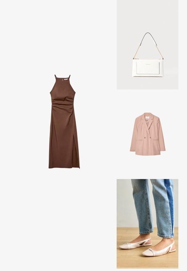 Różowa dwurzędowa marynarka z klapami, dwoma przednimi kieszeniami i dwoma guzikami. Gładki materiał o dopasowanym kroju.; Stradivarius - Sukienka etui; Jasnoróżowe baleriny na odkrytej pięcie z wąskim noskiem, wykonane z gładkiego materiału imitującego skórę. Posiadają wycięcia po bokach oraz płaski obcas.; Biała skórzana torebka o teksturowanym wykończeniu, z złotą łańcuszkową rączką i czarnymi akcentami. Zawiera przednią kieszeń oraz zamek błyskawiczny.