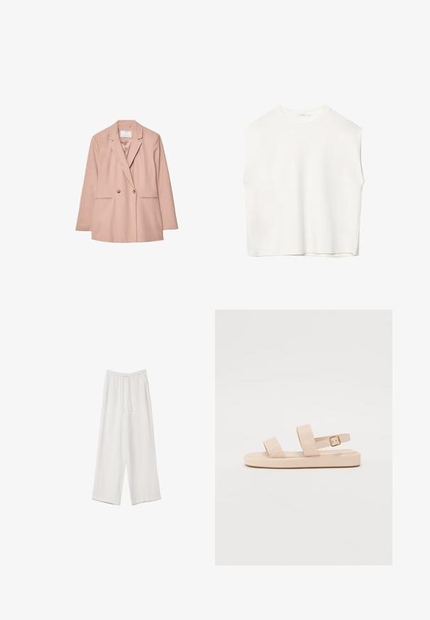 Różowa dwurzędowa marynarka z klapami, dwoma przednimi kieszeniami i dwoma guzikami. Gładki materiał o dopasowanym kroju.; Biała, bezrękawnikowa bluzka o luźnym kroju, okrągłym dekolcie, gładkiej fakturze i prostym wykończeniu. Prosty design bez wzorów i dodatków.; Białe spodnie o szerokich nogawkach wykonane z lekkiego materiału. Posiadają elastyczny pas z sznurkiem i boczne kieszenie. Gładka tekstura.; Nude klapki z dwoma szerokimi paskami na górze i regulowanym paskiem na kostce. Płaska podeszwa z delikatną teksturą. Szczegół w postaci klamry na pasku kostkowym.