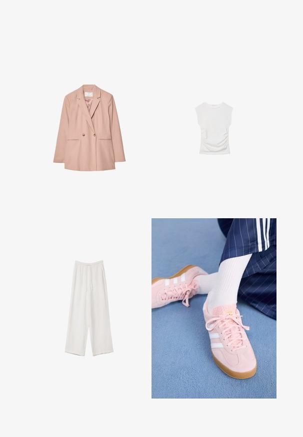 Różowa dwurzędowa marynarka z klapami, dwoma przednimi kieszeniami i dwoma guzikami. Gładki materiał o dopasowanym kroju.; Biała bluzka z krótkim rękawem i okrągłym dekoltem. Posiada marszczoną teksturę po bokach oraz dopasowany krój, wykonana z miękkiego, elastycznego materiału.; Białe spodnie o szerokich nogawkach wykonane z lekkiego materiału. Posiadają elastyczny pas z sznurkiem i boczne kieszenie. Gładka tekstura.; Jasnoróżowe zamszowe sneakersy z białymi paskami i sznurówkami, z teksturowanym językiem i gumową podeszwą, umieszczone na niebieskim dywaniku.