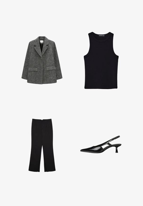 Valkoinen ja musta herringbone-kuvioinen bleiseri, jossa on mallikohtaiset kaulukset, yksittäinen nappikiinnitys ja kaksi etutaskua.; Musta hihaton paita, joka on valmistettu puuvillasta, ja jossa on pyöreä kaula-aukko sekä leveät kainaloaukot. Silkkinen pinta ja ommellut reunat. Klassinen, minimalistinen muotoilu.; Mustat housut suoralinjaisella leikkauksella, joissa on etutaskut ja sivurei'ät helman alla. Valmistettu pehmeästä ja sileästä kankaasta. Sopii eri tilaisuuksiin.; Mustat lakatut nahkakengät, joissa on viistopää, leikattu sivusuunnassa ja pieni neliökoroke. Sujuva pinta, jossa on minimaalinen koristelu.