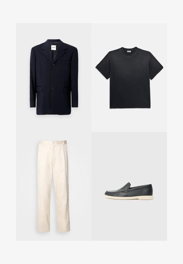 Tumesinine bleiser, mis on valmistatud siledast kangast, sisaldab lõhenenud krae, kolme nupuga esiosa ja küljetaskuid. Minimalistlik disain peene õmblusega.; Must märk puuvillane T-särk ümmarguse kaelusega ja lühikeste varrukatega. Omab lõdvat istuvust, sujuvat tekstuuri ja minimalistlikku disaini.; Beesidised puuvillased püksid sirge jala lõikega, mis on varustatud nööpkinnituse ja ees olevate voltidega, et lisada detaili.; Must musta sussid mustast nahast, millel on tekstuuriga pind ja kontrastne beež kummitald. Ees on peen aktsent.