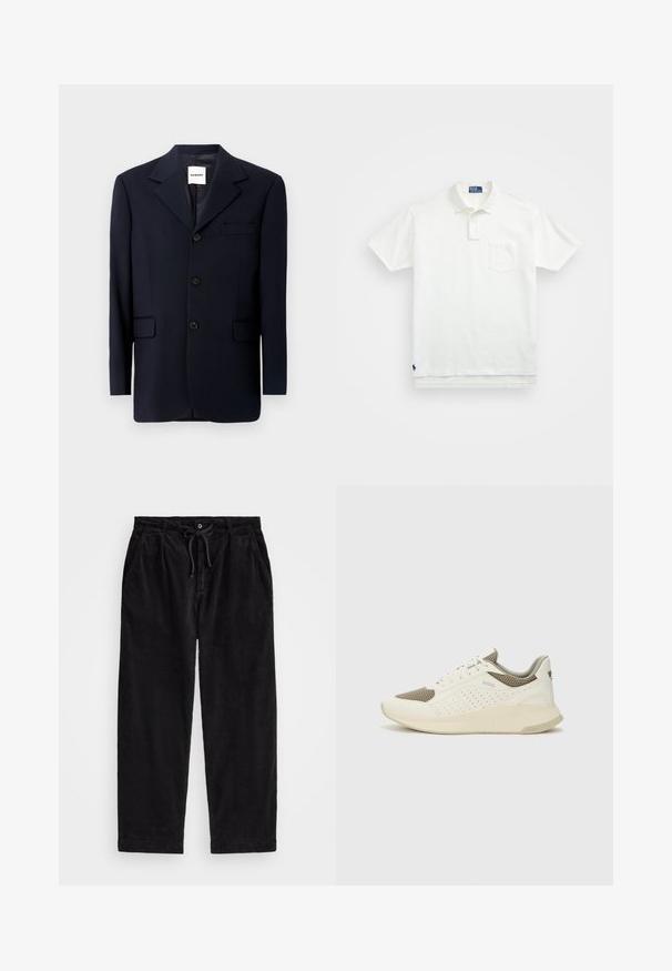 Jūrininkų švarkas, pagamintas iš lygaus audinio, su įpjovimu apykaklėje, trims mygtukams priekyje ir šoninėmis kišenėmis. Minimalistinis dizainas su itin kruopščiu siuvimu.; Balta polo marškiniai pagaminti iš medvilnės, su klasikiniais kraštais, trijų mygtukų sprandeliu ir kairiuoju krūtinės kišeniu; mažas logotipas apačioje.; Juodo kanapinio audinio kelnių modelis, turintis laisvą siluetą, su elastingu juosmeniu ir raiščiu, bei šoninėmis kišenėmis. Audinys turi išilginę tekstūrą.; Baltas ir šviesiai bežinis sportinis kedas, su tinklo viršumi, perforuotais detalėmis ir tekstūruotu tarpine su logotipu ant kulno.