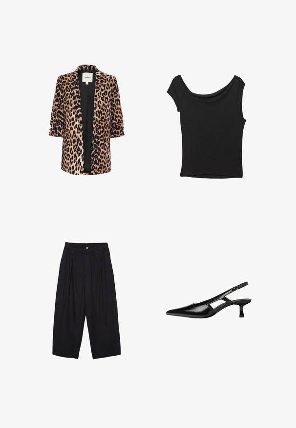 Leopard-print blazer with three-quarter sleeves, open front, black lining, and two side pockets. Made from a soft, textured fabric.; Black short-sleeve top made of smooth fabric; features a draped neckline and an asymmetrical hemline, with a fitted body.; Black polyester culotte pants with an elastic waistband, two front pleats, and a loose silhouette. No visible patterns or hardware details.; Black patent leather slingback heels with a pointed toe, cut-out side design, and a small square heel. Smooth texture with minimal accents.