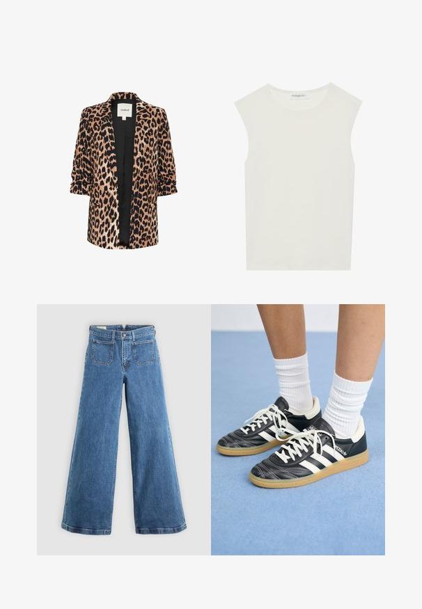 Blazer de estampado de leopardo con mangas tres cuartos, frente abierto, forro negro y dos bolsillos laterales. Está hecho de una tela suave y texturizada.; Top blanco sin mangas con escote redondo. Hecho de una tela suave, presenta un corte relajado y un diseño minimalista. Sin patrones ni acentos.; Jeans de pierna ancha de talle alto en azul, con bolsillos frontales de parche, trabillas para cinturón, cierre de botón y cremallera, sobre un fondo liso.; Zapatillas de cuero negro con rayas blancas, punta redonda, cordones blancos y suela de goma. Destacan por su cuello acolchado y detalles de marca.