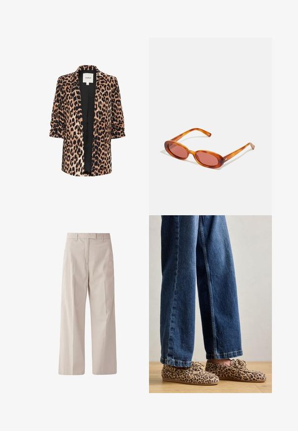 Blazer à imprimé léopard avec des manches trois-quarts, devant ouvert, doublure noire et deux poches latérales. Fabriqué dans un tissu doux et texturé.; T-shirt noir à manches longues en tissu à côtes, avec un col rond et un petit logo Diesel rouge brodé sur la poitrine.; s.Oliver BLACK LABEL Pantalon classique - helles beige; Mocassins en daim à imprimé léopard, avec un bout rond, un laçage, et des semelles plates et flexibles, associés à un jean en denim bleu.; Des lunettes de soleil ovales avec des montures transparentes orange et des verres teintés. Design épuré avec des branches fines présentant des détails de marque discrets.; Sac en cuir noir avec un rabat, accents en matériel doré, sangle réglable et surface texturée. Forme rectangulaire compacte.