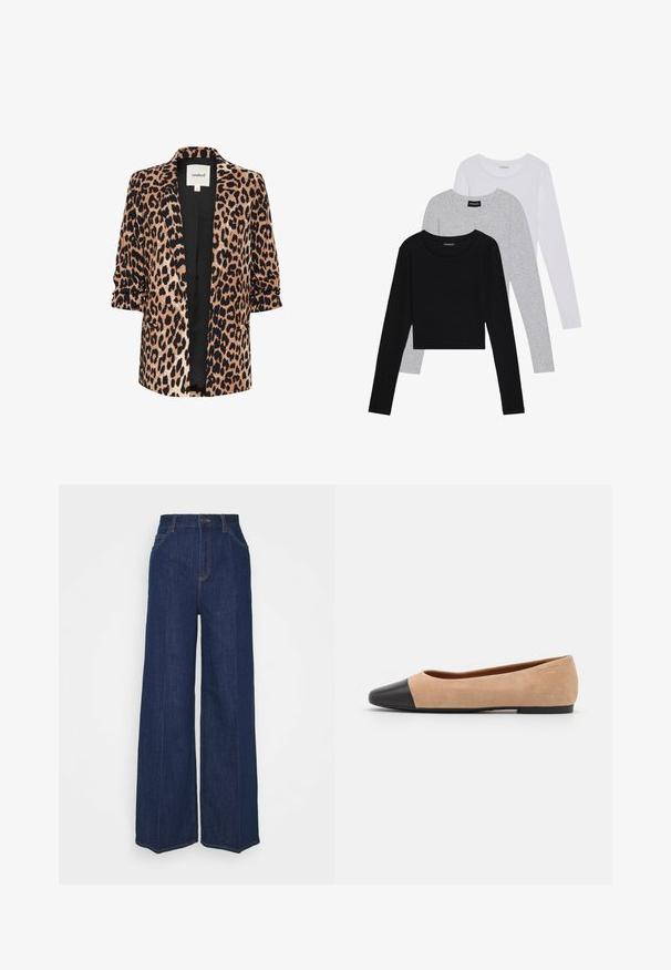 Blazer à imprimé léopard avec des manches trois-quarts, devant ouvert, doublure noire et deux poches latérales. Fabriqué dans un tissu doux et texturé.; Trois hauts à manches longues empilés : noir, gris et blanc. Chacun a un col rond et un design court avec un tissu lisse et léger.; Jean en denim bleu foncé à taille haute et jambes larges, avec poches avant et arrière, fermeture à bouton et coutures visibles.; Ballet flat en suédine beige avec un embout rond en cuir noir, petit talon et texture lisse, présentant des coutures minimales et un design épuré.