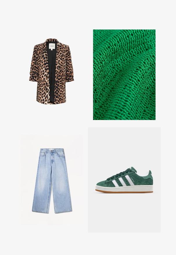 Blazer a stampa leopardata con maniche a tre quarti, apertura frontale, foderato in nero e due tasche laterali. Realizzato in un tessuto morbido e strutturato.; Tessuto lavorato a maglia verde con un motivo testurizzato caratterizzato da un intreccio sciolto e aperto, che mostra filati fini e numerosi punti visibili.; Bershka WIDE-LEG - Wide Leg - light-blue denim; Sneaker in suede verde con strisce in pelle bianca, suola in gomma, collarino imbottito e design minimalista. Presenta il marchio sul lato.