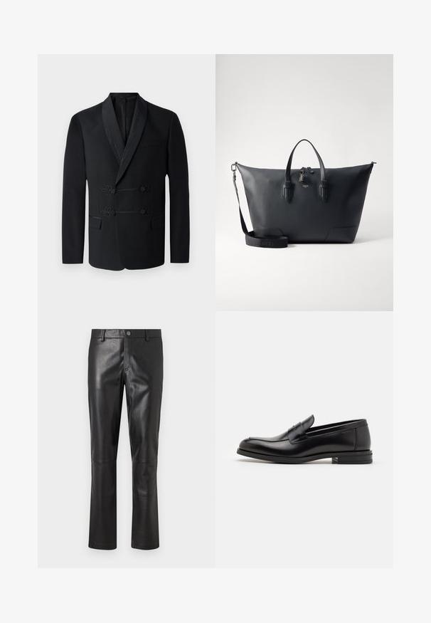 Čierny blazer so saténovým šálovým golierom, dvojradovým dizajnom, kvetinovými gombíkmi a jednou náprsní kapsou. Hladká textúra, prispôsobený strih.; Biely dlhý rukáv termálna blúzka s rebrovanou textúrou, okrúhlym výstrihom a manžetami. Čistý dizajn bez vzorov alebo ďalších detailov.; Čierne kožené nohavice s hladkou textúrou, rovnými nohavicami a jemným prešívaním pozdĺž švov. Vybavené zapínaním na gombík v páse.; Čierne kožené mokasíny s hladkou textúrou, zaoblenou špičkou a dekoračným pásikom cez priehlavok. Nízky vrstvený opätok, minimalistický dizajn.; Lancel CHARLIE UNISEX - Kufrík - black