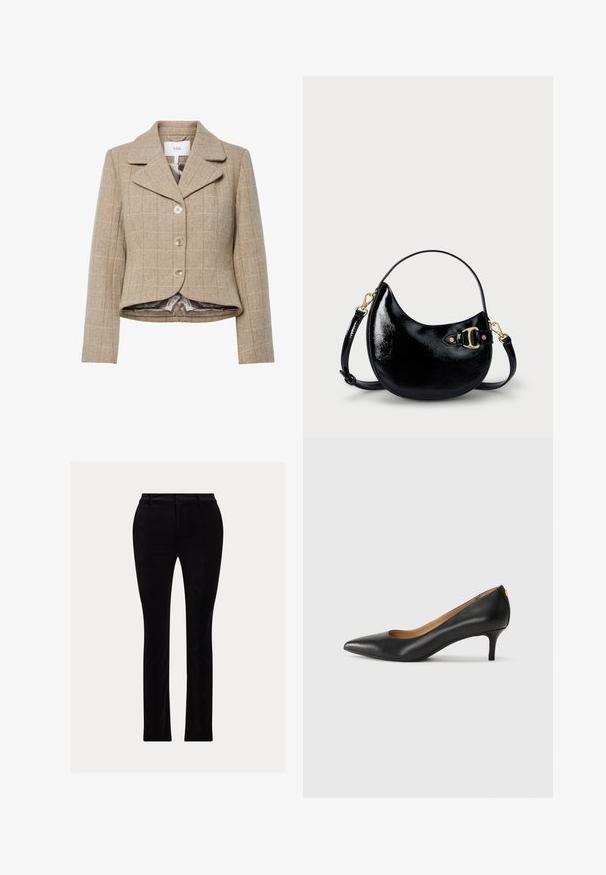 Bežs houndstooth bleķis ar izgrieztu apkakli, piecām pogām un augstu-zemu malu. Odere no gludas, neitrālas krāsas auduma.; Melnas turtlenecks džemperis ar ribotu tekstūru, pūkainām piedurknēm, pieguļošu siluetu un zelta pogu akcents uz pleca.; Melni bikses, izgatavotas no gludas, samta līdzīgas tekstūras auduma. Pielāgota piegriezuma taisnas kājas, ar tradicionālu jostasvietu un jostas cilpiņām.; Melnas ādas augstpapēžu kurpes ar pīlādžu purngalu, zemu papēdi un gludu virsmu. Raksturīga neliela atvere priekšā un minimāls aprīkojums aizmugurē.; Melnas patenta ādas rokassomas ar izliekta formu, regulējamu siksnu un zelta krāsā metāla detaļām sānos. Gluda, mirdzoša tekstūra.