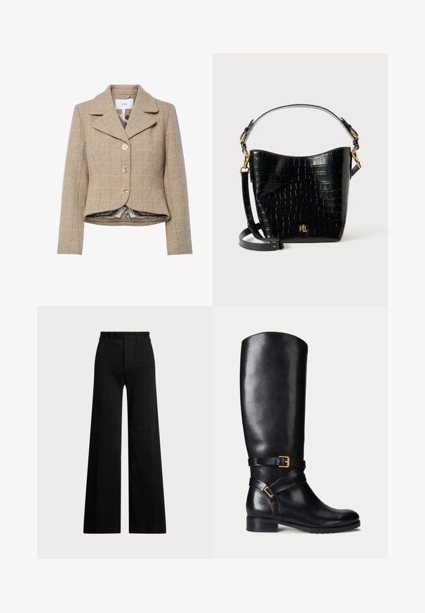 Beige kutyás mintás blazer, kiemelt gallérral, öt gombbal és magas-alacsony szegéllyel. Simább, semleges színű anyaggal bélelve.; Fekete garbós pulóver bordázott textúrával, puffos ujjal, testhezálló fazonnal és aranygombos díszítéssel a vállán.; Fekete, bő szárú nadrág szőtt anyagból, magas derékkal, elől gombos záródással és oldalzsebekkel. Simává textúrával és letisztult vonalakkal.; Fekete bőrből készült, térdig érő csizma, lekerekített orral, alacsony block sarkával, és dupla pántokkal, arany csattal díszítve. Simább felület.; Fekete krokodil bőrhatású táska ívelt formával, arany színű fémalkatrészekkel, állítható pánttal és logó részlettel elöl.