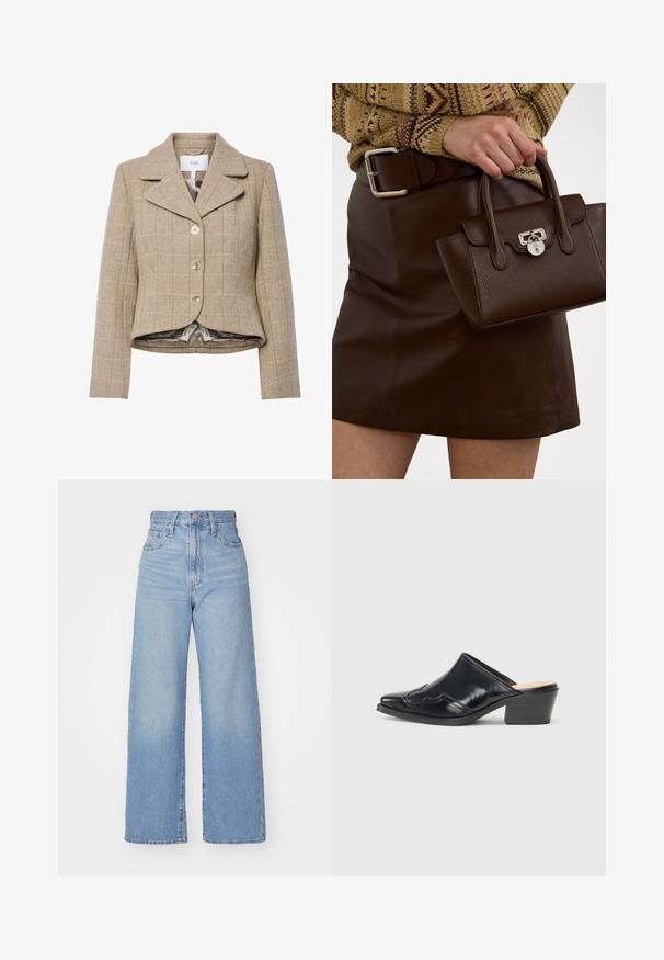 Beež houndstooth musteriga bleiser, millel on sakiline kaelus, viis nööpi ja kõrge-mahajäänud hem. Vooder on valmistatud siledast, neutraalses toonis kangast.; Kreemist lõngast lühikeste varrukatega sviiter mustade ja punaste geomeetriliste tähtede mustriga, millel on sakilised aktsendid varrukatel ja äärel.; Heledad sinine kõrge vöökohaga laiad teksad, ees nupp ja tõmblukk, ees ja taga taskud, valge tausta peal.; Must beebi kirsiknahk mules, millel on terav varvas, kaarduv disain ja madal plokk-kanna, mille peal on dekoratiivne õmblus.; pruun nahast käekott tekstuuriga viimistlusega ja hõbedase riistvaraga, hoituna käes pruun nahkse seeliku ja mustriga sviidiga.