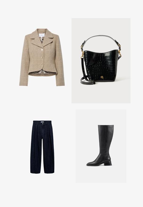 Beige houndstooth bleiseri, jossa on sahalaitapitsi, viisi nappia ja korkealaatuiset helmat. Vuorattu sileällä, neutraalin värisellä kankaalla.; Mustapullovaihtoehto, jossa on V-pääkalloneula ja kaulus. Valmistettu pehmeästä kankaasta, se sisältää pitkät hihat ja rennon istuvuuden.; Tummansinisiä leveälahkeisia housuja, joissa on laskoksia vyötäröllä, etupainike ja vyön lenkit. Sujuva rakenne ja täyspitkä muotoilu.; Musta nahkainen saapas polven korkeudelle, jossa on pyöreä kärki ja matala lohkokorko. Ominaisuuksiin kuuluu sileä pinta ja vähäinen ompelu yksityiskohtana.; Musta krokotiilinjäljitelmästä valmistettu laukku, jossa on kaareva muoto, kultaiset yksityiskohdat, säädettävä olkahihna ja logotiedot edessä.