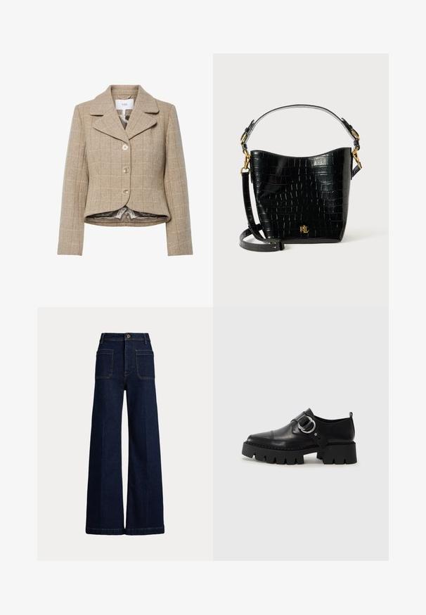 Beige kutyás mintás blazer, kiemelt gallérral, öt gombbal és magas-alacsony szegéllyel. Simább, semleges színű anyaggal bélelve.; Barázdált krém színű garbó pulóver hosszú ujjakkal és sötétbarna vállpántokkal. A testhez simuló fazon kiemeli a testformát és a textúrát.; Magas derekú, sötétkék farmernadrág, széles szárú, öt zsebes kialakítással és kontrasztos varrásokkal. Gombos záródással és formázott fazonnal rendelkezik.; Fekete bőr cipők tömzsi, bordázott talppal, kerek ezüst hardware díszítéssel és minimális varrási részletekkel.; Fekete krokodil bőrhatású táska ívelt formával, arany színű fémalkatrészekkel, állítható pánttal és logó részlettel elöl.