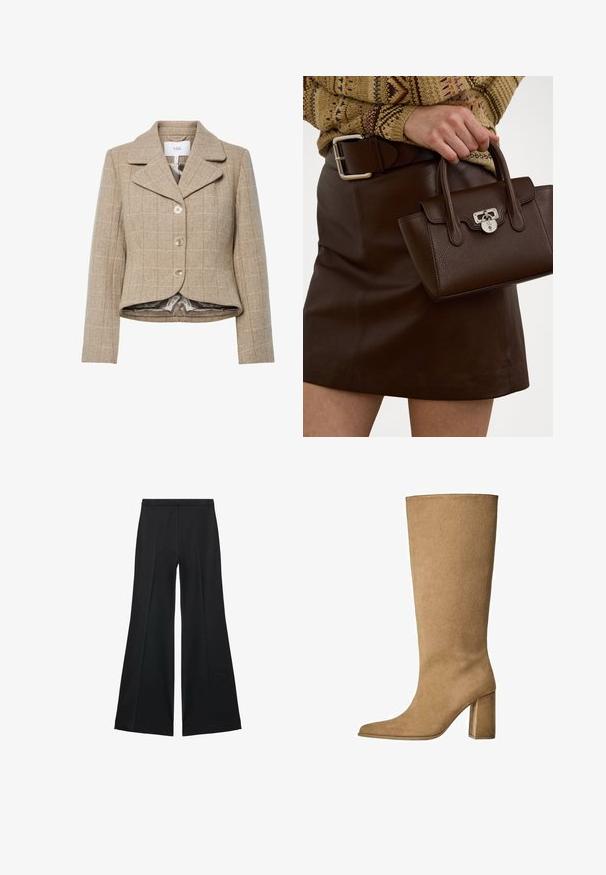 Bež blazer s houndstooth vzorom, z izrezanim ovratnikom, petimi gumbi in asimetričnim hemom. Podložen z gladkim, nevtralno obarvanim materialom.; Kremna pulover s klasičnim okroglim izrezom, rebrastimi manšetami in robom ter mehkimi teksturami. Lahka tkanina z gladkim zaključkom.; Črne široke hlače z gladko teksturo, ki imajo sprednje nabore in kroj po meri. Tkanina je lahka in zračna.; Tanki suede škornji do kolen v bež barvi z blok peto, z ošiljenim nosom in gladko teksturo. Minimalističen dizajn brez okraskov.; Brahno usnjeni torbici z teksturirano površino in srebrnim okovjem, ki jo drži roka ob rjavem usnjenem krilu in vzorčastem puloverju.