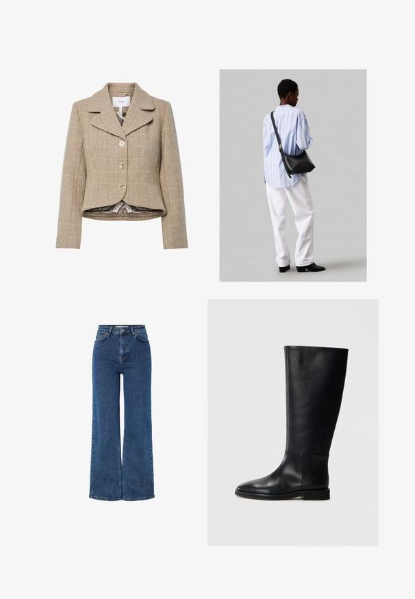 Bežový houndstooth blazer s výstrihom, piatimi gombíkmi a asymetrickým spodným okrajom. Podšitý hladkou, neutrálne sfarbenou látkou.; Čierne bavlnené tričko s krátkymi rukávmi, klasickým výstrihom a malým bielym logom "Calvin Klein" na hrudi. Hladká textúra, klasický strih.; Dámske džínsové nohavice s vysokým pásom v modrej farbe a širokými nohami, s tradičným dizajnom piatich vreciek, kovovým zapínaním a kontrastným šitím.; Čierna kožená čižma po kolená s okrúhlym prstom, hladkou textúrou, minimalistickým dizajnom a plochou podrážkou. Jednoduché švy na nohavici.; Čierna kožená ramenná taška so mäkkou textúrou, trojuholníkovým tvarom a nastaviteľným popruhom, skombinovaná s svetlomodrou pruhovanou košeľou a bielymi nohavicami.