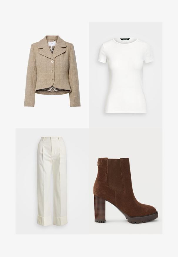Beež houndstooth musteriga bleiser, millel on sakiline kaelus, viis nööpi ja kõrge-mahajäänud hem. Vooder on valmistatud siledast, neutraalses toonis kangast.; Valge puuvillane T-särk lühikeste varrukatega, ümar kaelus, sobiv disain ja sile tekstuur. Logo silt kaeluses.; Valged kohandatud püksid, millel on kõrge talje, topeltesine voldid ja laiad sääred volditud äärtega. Valmistatud siledast, tekstureeritud kangast.; Pruun suede pahkluu saabas elastsete külgpanelidega, ruudukujuline nina ja paks puidust konts. Tekstureeritud tald haardeks.
