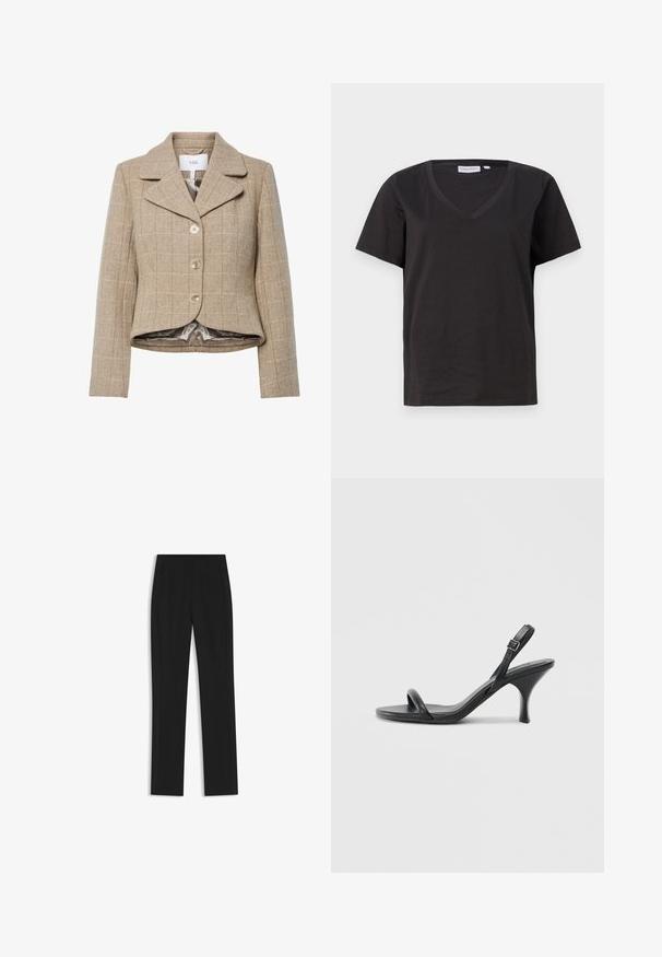 Blazer houndstooth beige con colletto a punta, cinque bottoni e orlo asimmetrico. Foderato con un tessuto liscio di colore neutro.; T-shirt in cotone nero con scollo a V e maniche corte. Design semplice con vestibilità regolare, senza motivi o dettagli.; Pantaloni neri su misura con un design a gamba dritta, dotati di tasche frontali e un tessuto liscio e strutturato. Dettagli ordinati e minimalisti.; Sandali con tacco alto in pelle nera, con tacco sottile e curvo e design a fascia incrociata. Cinghia alla caviglia regolabile. Texture liscia.