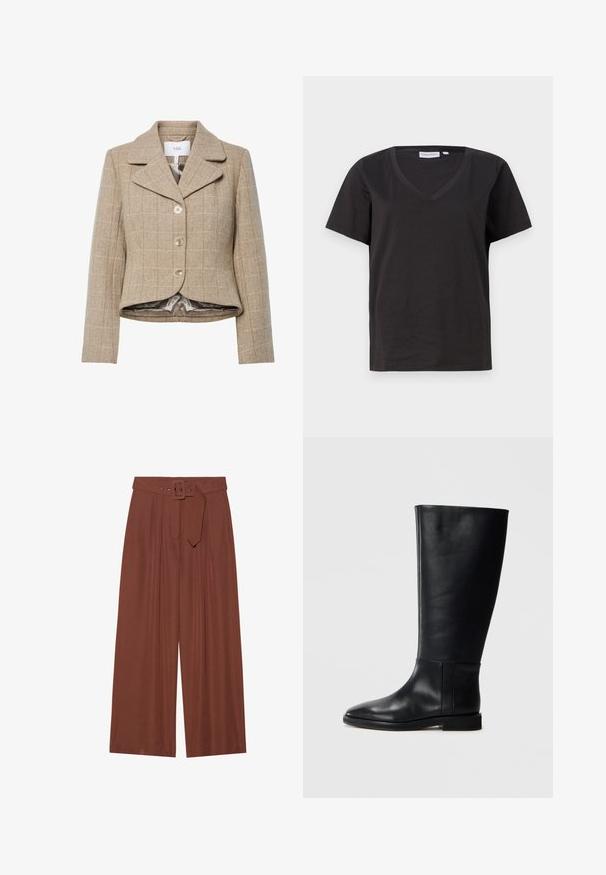 Beige houndstooth blazer with a notched collar, five buttons, and a high-low hem. Lined with a smooth, neutral-colored fabric.; Black cotton T-shirt with a V-neck and short sleeves. Simple design with a regular fit and no patterns or accents.; Wide-leg trousers in brown fabric, featuring a belt with a square buckle, pleated design, and smooth texture.; Black leather knee-high boot with a rounded toe, smooth texture, minimalistic design, and a flat sole. Simple seam details on the shaft.