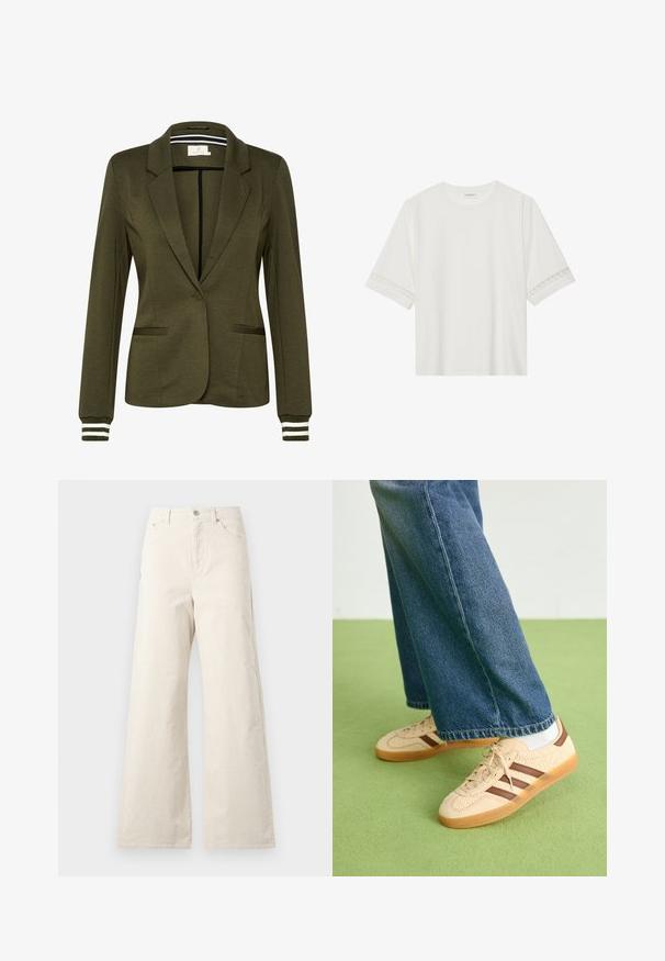 Blazer verde oliva con un design strutturato, chiusura a un bottone, due tasche frontali e dettagli a righe sui polsini.; T-shirt bianco a maniche corte in cotone, con bordi in pizzo decorativi lungo le maniche e scollo rotondo.; Pantaloni beige a gamba larga in cotone, con chiusura frontale a bottone, tasche laterali e una texture liscia. Design minimalista senza motivi.; Sneakers beige con pannelli texturizzati crema e strisce marroni, abbinati a jeans in denim blu. I jeans hanno un taglio largo e orlo sfilacciato.