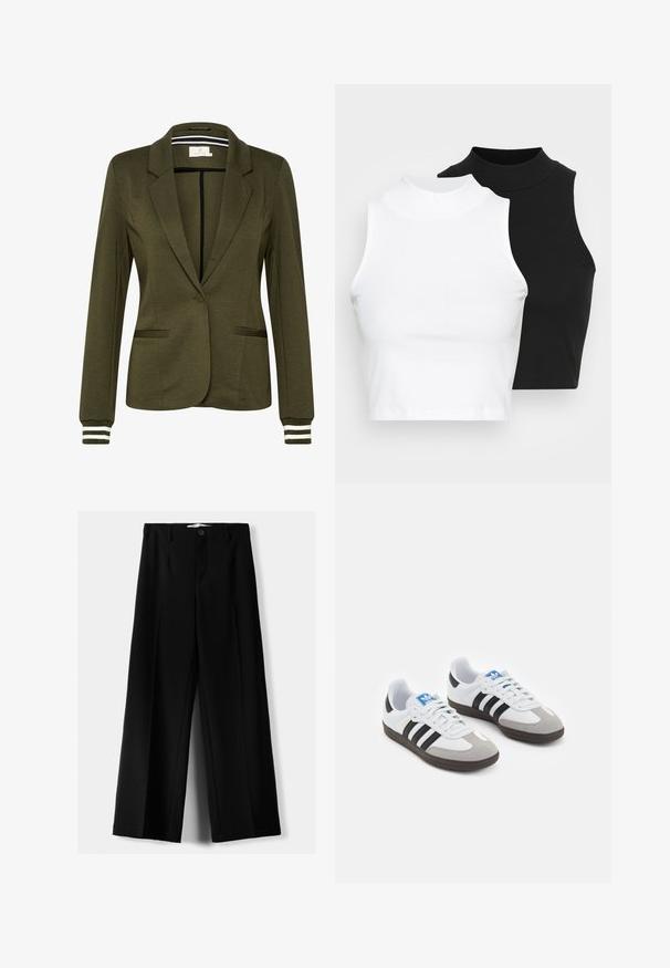 Olivengrøn blazer med et struktureret design, enkelt knaplukning, to frontlommer og stribede detaljer på ærmerne.; To kjoleløse ribbede turtleneck-toppe i sort og hvid, med en tætsiddende design og glat tekstur, samt cropped længde.; Sorte brede bukser lavet af letvægtsstof, med frontknaplukning og glat front, samt pænt syede kanter.; Sportsko med en overdel i hvid læder, grå ruskind på tåen og tre sorte striber. Har et blåt logo på tungen og en struktureret gummisål.