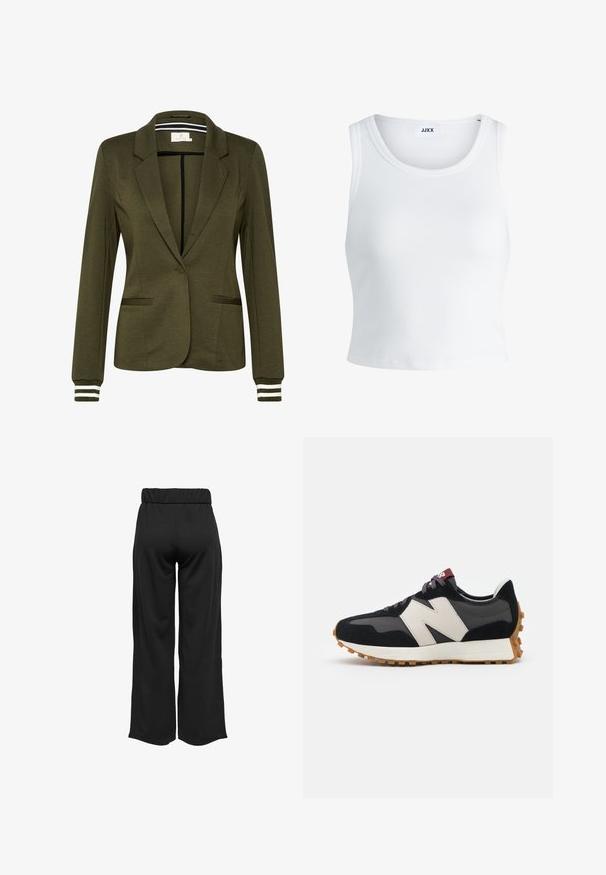 Olijfgroene blazer met een gestructureerd ontwerp, enkele knoopsluiting, twee voorzakken en gestreepte accenten op de mouwen.; Witte geribbelde tanktop met een ronde hals, zonder mouwen en een cropped lengte. Label draagt "JJXX." Gladde stoftextuur.; Zwarte, wijde broek met een elastische tailleband, gemaakt van gladde stof. Heeft een strakke uitstraling zonder zakken of zichtbare stikseldetails.; Zwarte en grijze suède sneaker met een groot crèmekleurig "N"-logo, paarse veters en een gestructureerde rubberen zool van gum.