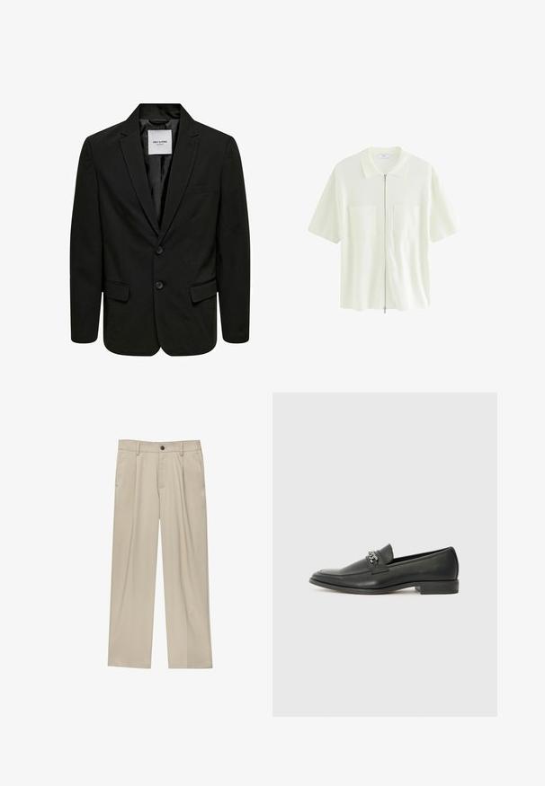 Blazer nero con due bottoni, revers a sciallino e una tasca sul petto. Realizzato in tessuto liscio, presenta una vestibilità standard e un design elegante.; Camicia bianca a maniche corte con zip, realizzata in tessuto testurizzato, caratterizzata da un colletto e due tasche frontali con pattine quadrate.; Pantaloni beige a taglio dritto, con un solo bottone nero, passanti per la cintura e tasche laterali. Tessuto dalla texture liscia e design minimale.; Mocassino in pelle nera con finitura liscia, caratterizzato da un design cucito e da un accento decorativo in catena metallica sul vamp. Tacco piatto.