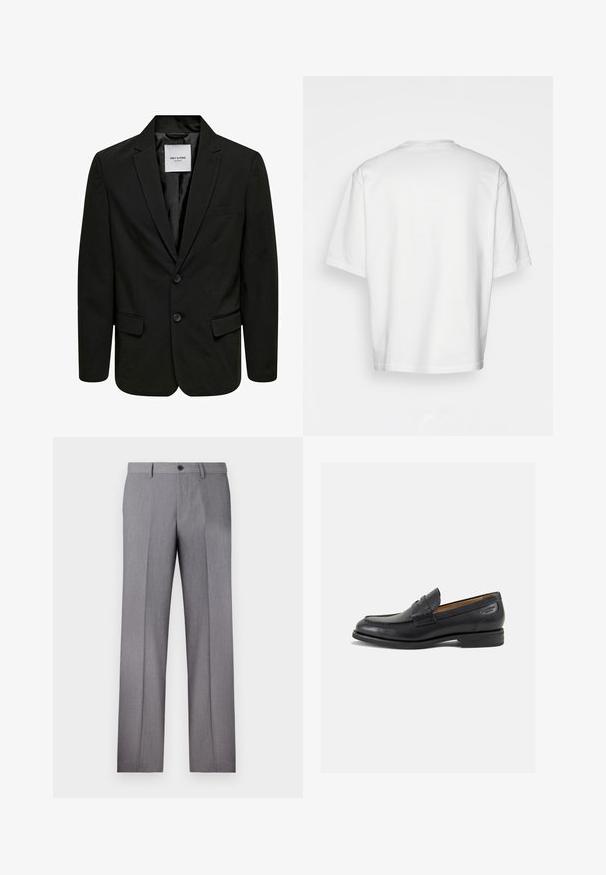 Black blazer with two buttons, notch lapels, and a single chest pocket. Made of smooth fabric, featuring a standard fit and sleek design.; White short-sleeve t-shirt, loose fit, round neckline, smooth cotton fabric, unembellished back, straight hemline, no patterns or accents.; Gray tailored trousers with a flat front, two side pockets, and a single button closure. Smooth texture with a subtle pinstripe pattern.; Black leather loafers with a smooth finish, rounded toe, and decorative stitching on the vamp. Low stacked heel and slight shine.