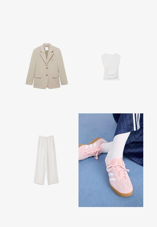 Beige bleiseri sileästä kankaasta. Varustettu prässätyllä kauluksella, kahdella etutaskulla ja kahdella napilla. Siistit linjat ja rakenteellinen muotoilu.; Valkoinen lyhythihainen paita pyöreällä kaula-aukolla. Sivuilla koristeltu rypytetyllä tekstuurilla ja muotoiltu istuvaksi, valmistettu pehmeästä ja joustavasta materiaalista.; Valkoiset leveälahkeiset housut kevyestä kankaasta. Ominaisuuksiin kuuluu elastinen vyötärö, jossa on nauhakuuluma ja sivutaskut. Sileä rakenne.; Vaaleanpunaiset mokkanahkakengät, joissa on valkoiset raidat ja nauhat, varustettuna tekstuurilla olevalla kielillä ja kumipohjalla, asetettuna siniselle matolle.