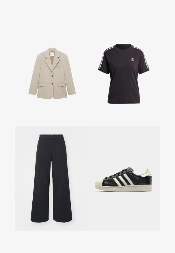 Beige blazer made of a smooth fabric. Features a notched lapel, two front pockets, and two buttons. Clean lines and structured design.; Black cotton short-sleeve t-shirt with round neck, featuring white stripes on shoulders and a small white Adidas logo on the chest.; Black wide-leg sweatpants made from soft fabric, featuring an elastic waistband and a small logo on the left side.; Black leather sneaker with white stripes, rubber toe cap, black laces, and a cream-colored outsole. Smooth texture with shiny finish.