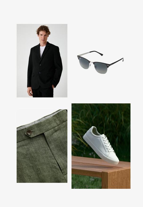 Zwarte blazer van gestructureerde stof, met een getailleerde pasvorm, aangeknipte revers, twee voorkruiszakken en twee bijpassende knopen. Eronder een plain witte t-shirt.; Lichtblauwe overhemd met lange mouwen, knoopsluiting en een klassieke kraag, met een rechte zoom en een subtiele textuur. Voorzien van een centrale knoopsluiting.; Olijf groene linnen broek met een voorplooi, voorzien van een knoopsluiting en een contrasterende geruite voering bij de tailleband.; Witte vetersneaker die boven een houten bank zweeft met groene bladeren op de achtergrond, waarbij het ontwerp en de textuur van de schoen worden getoond.; Zwarte en zilveren zonnebril met een cat-eye vorm, gradient lenzen en metalen accenten op het montuur. Plastic armen met grijze punten.