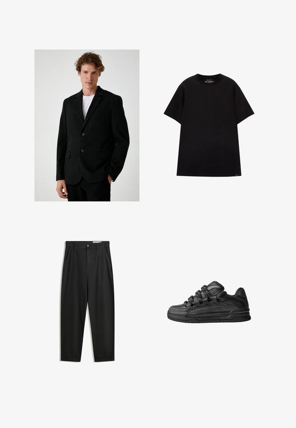 Schwarze Blazer aus strukturiertem Stoff, mit taillierter Passform, angedeuteten Revers, zwei Fronttaschen und zwei passenden Knöpfen. Darunter ein schlichtes weißes T-Shirt.; PULL&BEAR JOIN LIFE - T-Shirt basic - black; Schwarze Baumwollhose mit lockerem Schnitt, ausgestattet mit einem klassischen Bund, vorderen Falten und Seiten taschen. Glatte Textur ohne Muster.; Schwarze Sneakers mit einem glatten Leder-Obermaterial, strukturierten Akzenten und runden schwarz-weißen Schnürsenkeln. Dicke Gummisohle mit einem gemusterten Profil.