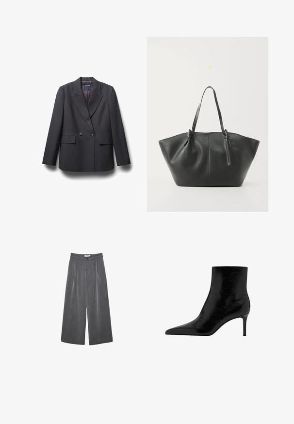 Blazer nero doppiopetto con colletto a risvolto, due tasche frontali e tessuto testurizzato con una fodera interna liscia.; Cardigan nero a coste con maniche lunghe, dotato di colletto in finta pelliccia e sei bottoni di chiusura sul davanti. Texture morbida.; Canotta bianca a coste, con spalline larghe e un design aderente, abbinata a pantaloni neri a vita alta e una cintura nera.; Pantaloni ampi a pieghe in tessuto grigio scuro con una sottile texture. Presentano una chiusura con bottone e un design della vita classico.; Stivale alla caviglia nero con punta affusolata, realizzato in pelle lucida. Presenta un tacco a spillo e una superficie liscia. Nessun abbellimento visibile.; Vero Moda VMDITTA - Shopping bag - black