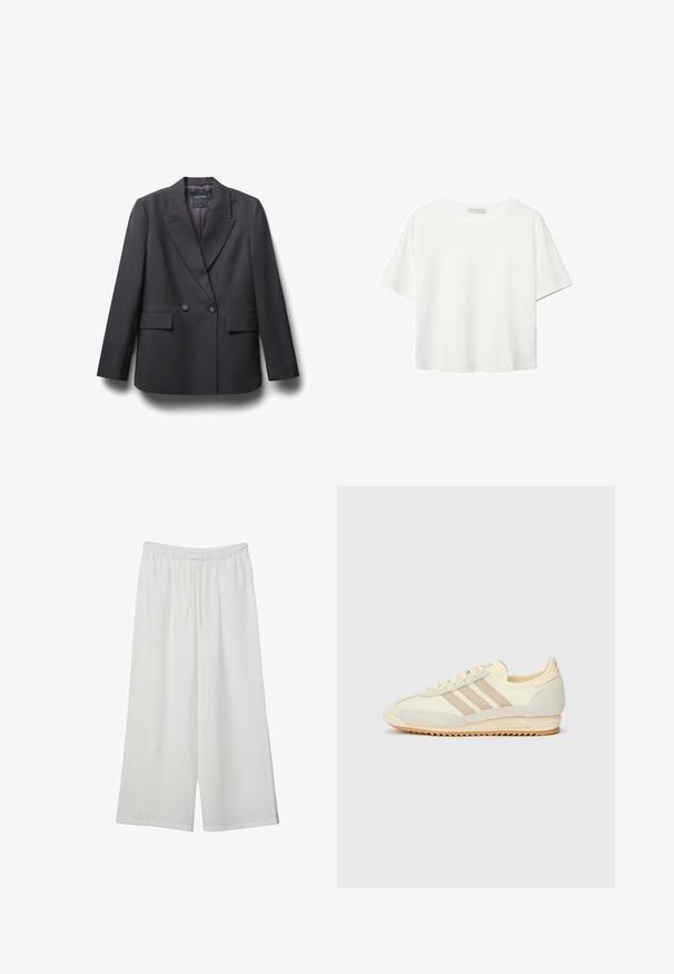 Schwarz doppelt geknöpfter Blazer mit Reverskragen, zwei vorderen Taschen und strukturiertem Stoff sowie einem glatten Innenfutter.; Weißes T-Shirt mit kurzen Ärmeln aus Baumwolle. Hat einen Rundhalsausschnitt und eine lockere Passform. Glatte Textur ohne sichtbare Muster oder Akzente.; Weiße, weit geschnittene Hosen aus leichtem Stoff, mit einem elastischen Bund und einem Zugband für eine verstellbare Passform. Glatte Textur.; Cremefarbene sportliche Sneakers mit drei beigen Streifen, aus Wildleder und Textilmaterialien, einer strukturierten Sohle und geprägtem Branding an der Ferse.