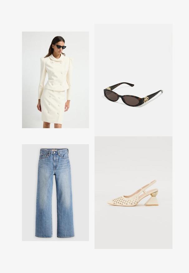 Costume blanc sur mesure avec une veste ajustée dotée d'un grand col et de détails de bouton, accompagnée d'une jupe crayon assortie, le tout en tissu lisse.; Hofmann Copenhagen EXCLUSIVE GENEVIVE - Débardeur - off white; Jeans larges en denim bleu clair avec une taille haute, zones décolorées, cinq poches et coutures contrastées. Fermeture classique à bouton et à glissière.; Chaussure slingback beige avec tige perforée, bout pointu et un talon triangulaire contrastant avec une touche dorée. Texture lisse dans l'ensemble.; Lunettes de soleil en écaille, avec des verres ovales allongés, teinte marron, accents de logo doré sur les branches et montures noires élégantes.; Sac à main floral blanc avec une surface en tissu froncé, une chaîne en métal doré et un fermoir en métal. Présente des pétales texturés pour plus de détail.