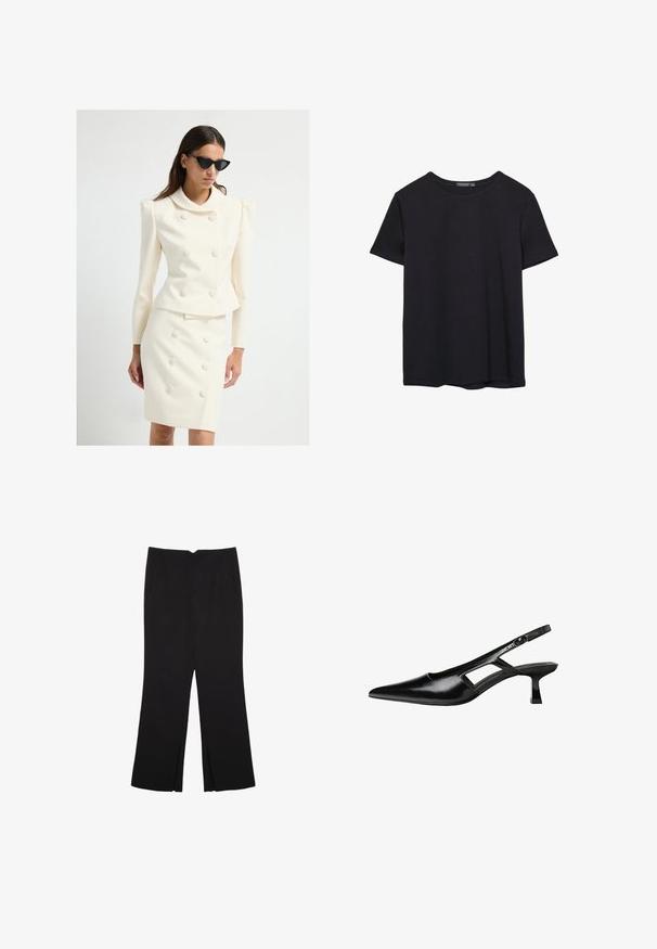 Hvid skræddersyet jakkesæt med en figursyet jakke med en stor krave og knapdetaljer, parret med en matchende blyantskørt, begge i glat stof.; Simpel sort kortærmet bomulds T-shirt med rund hals, præsenteret på en hvid baggrund.; Sorte bukser med lige pasform, der har frontlommer og slidser i kanten. Lavet af blødt, glat stof. Velegnet til forskellige anledninger.; Sorte patentlæder slingback hæle med spids tå, udskåret sideskærm og en lille firkantet hæl. Glat tekstur med minimale detaljer.
