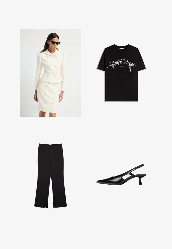 Weißer maßgeschneiderter Anzug mit einer taillierten Jacke, die einen großen Kragen und Knopfdetails aufweist, kombiniert mit einem passenden Bleistiftrock, beide aus glattem Stoff.; Schwarzes Baumwoll-T-Shirt mit dem Aufdruck "Mostly Magic" in Weiß, verziert mit dekorativen Perlenakzenten. Kurze Ärmel, lässige Passform, Rundhalsausschnitt.; Schwarze Hose mit geradem Schnitt, ausgestattet mit Fronttaschen und Seitenschlitzen am Saum. Hergestellt aus weichem, glattem Stoff. Geeignet für verschiedene Anlässe.; Schwarze Lackleder-Slingback-High Heels mit spitzer Zehenform, ausgeschnittenem Seitendesign und kleinem Blockabsatz. Glatte Textur mit minimalen Akzenten.