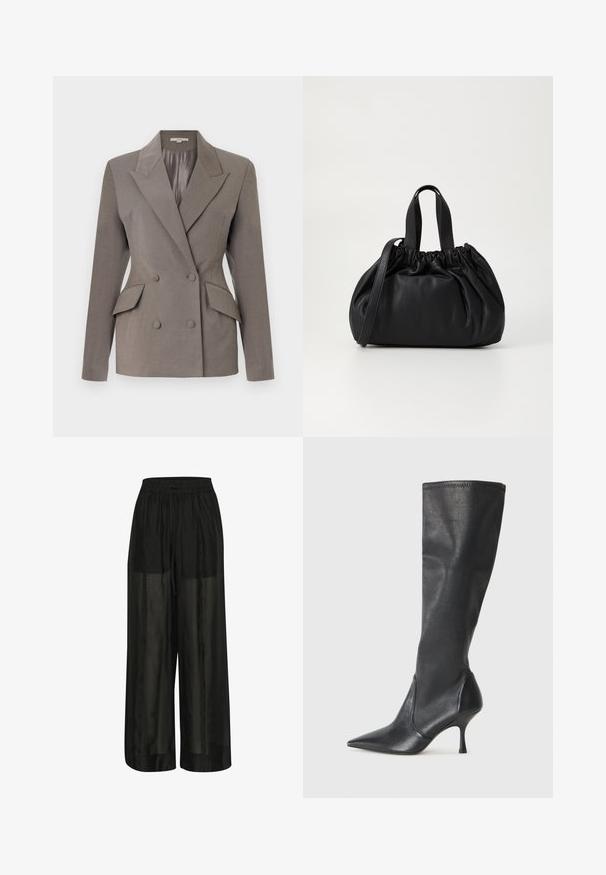 Szürke, dupla gombolású zakó selyem belsővel, csúcsos hajtókával, két elülső zsebbel és két gombos záródással. Testhez álló szabás, formált vállakkal.; Fehér pamut póló rövid ujjal, kerek nyakkivágással, laza fazonnal, és nincsenek rajta látható minták vagy grafikák. Sima textúra és egyszerű dizájn.; Fekete, bő szárú nadrág áttetsző anyagból, elasztikus derékrésszel és állítható zsinórral a kényelmes illeszkedés érdekében, sima felülettel.; Térd fölötti fekete bőr csizmák hegyes orral és karcsú stiletto sarkal. Simább textúrájúak, jól illeszkedő kialakítással és varrással a tetején.; Fekete bőr kézitáska, összegyűrt felső dizájnnal, két rövid fülekkel és egy hosszú, állítható pánttal. Simább textúra, lekerekített forma.
