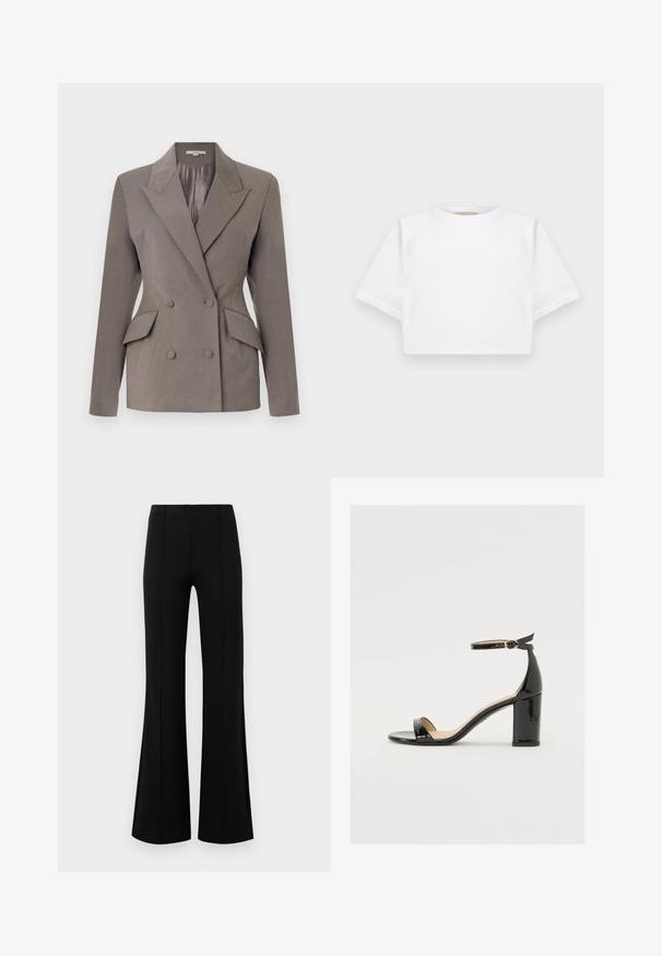 Blazer cinza de dupla abotoadura com interior em cetim, lapelas de pico, dois bolsos frontais e fecho com dois botões. Ajuste entalhado com ombros estruturados.; T-shirt branca corta, feita de tecido macio, apresentando mangas curtas, um decote redondo e detalhes de bainha canelada. Design simples e despretensioso.; Calças pretas de boca de sino com uma cintura alta, feitas de um tecido elástico. Apresentam detalhes de costura vertical na frente e uma textura suave.; Sandal de pele sintética preta com salto largo, ponta aberta e tira no tornozelo com fivela dourada. Textura suave e design elegante.
