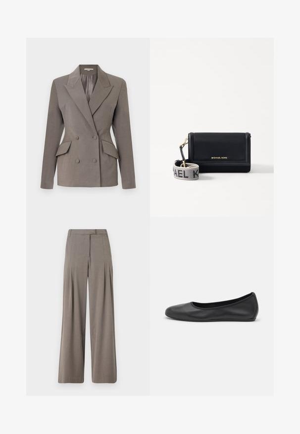 Double-breasted gray blazer with a satin interior, peak lapels, two front pockets, and two button closure. Tailored fit with structured shoulders.; White short-sleeve t-shirt made of ribbed fabric. Round neckline, regular fit, and subtle stitching details. No patterns or graphics.; Wide-leg trousers in light brown fabric, featuring pleats, a flat front, and a clean hem. Smooth texture with subtle sheen.; Black leather ballet flat with a rounded toe, smooth texture, minimal stitching detail, and a flexible sole design.; MICHAEL Michael Kors JET SET - Cross body bag - black