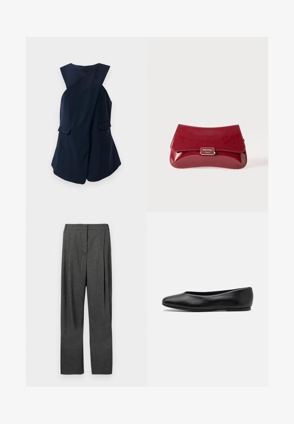 Ärmelloses dunkelblaues Kleid mit einem Wickel-Frontdesign und zwei Klappentaschen, gegenüber einem weißen Hintergrund präsentiert.; Weißes Langarmhemd mit Stehkragen und verdeckter Knopfleiste, auf weißem Hintergrund präsentiert.; Graue, taillierte Hose aus gewebtem Stoff, mit geradem Bein, mit Vorderfalten und glatter Textur.; Paul Smith TOPANGA - Klassischer Ballerina - black; Rote Clutch aus Lackleder mit geschwungenem Design, umklappbarem Deckel und einem Metallschriftzug auf einer silberfarbenen Plakette. Glatte, glänzende Oberfläche.